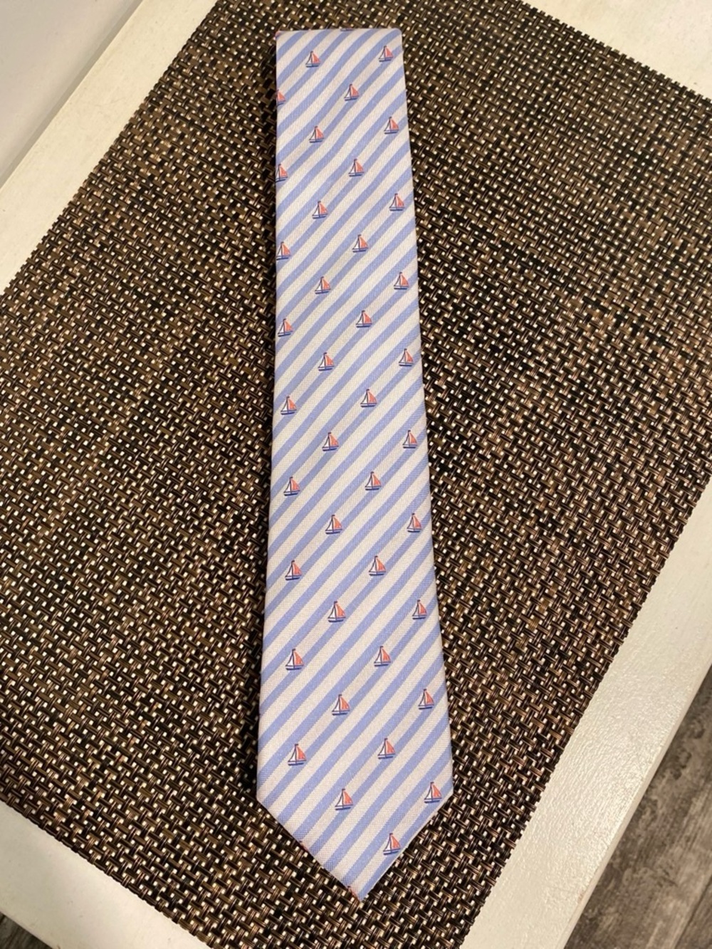 Saddlebred Silk Blend Light Blue Striped Tie with Red Sailboat Motif